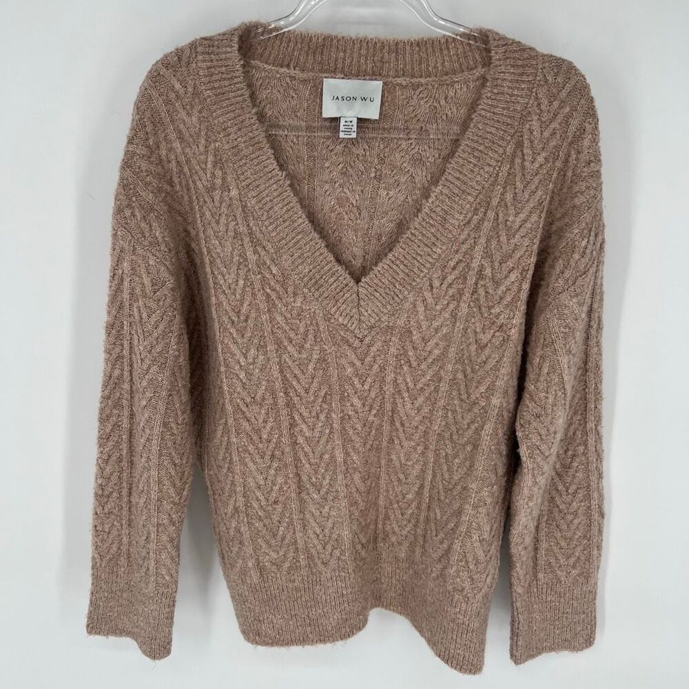 JASON WU Sweater Medium Tan V-Neck Chevron Knit Pullover Long Sleeve Cozy Winter - Picture 1 of 12